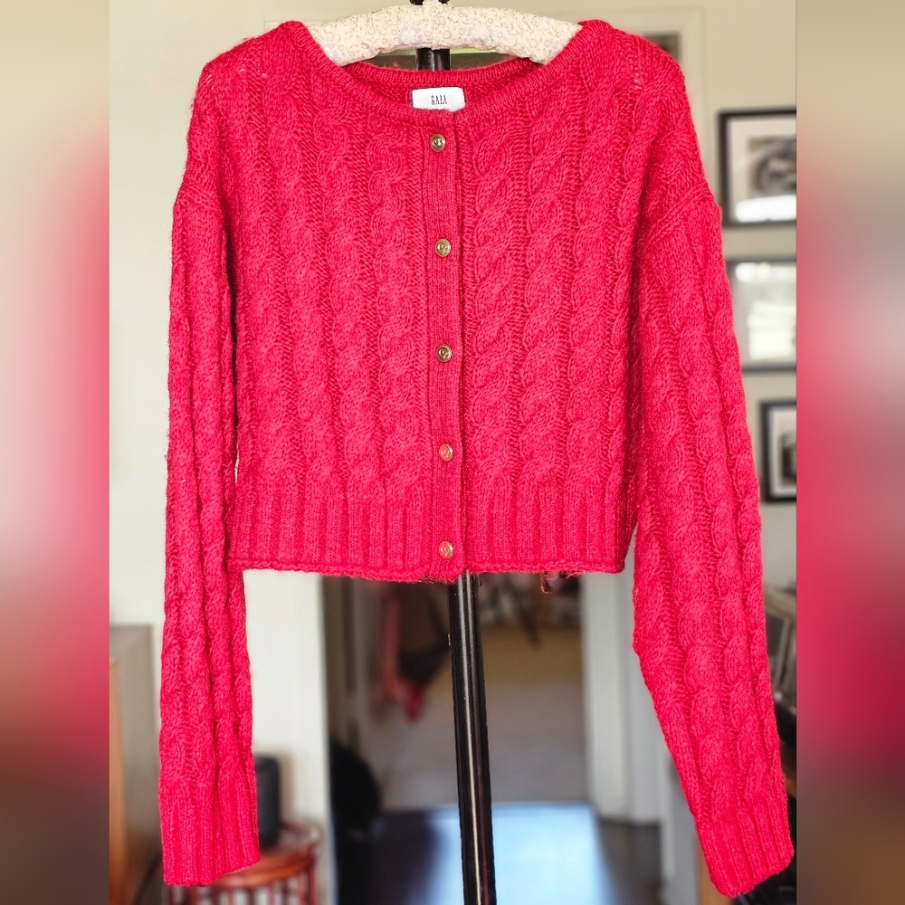 Cult Gaia X Gap Red Cable Knit Cropped Cardigan Sweater